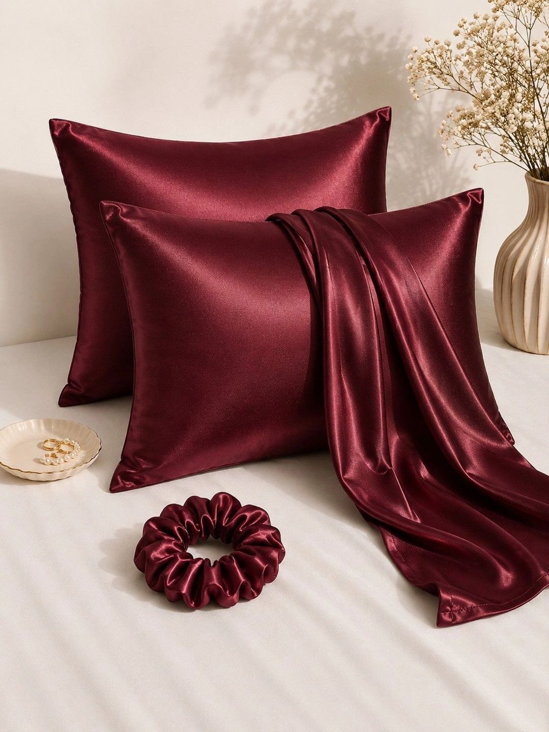 Arrabi Arrabi Red 2 Pieces Satin Rectangle Pillow Covers With Scrunchy