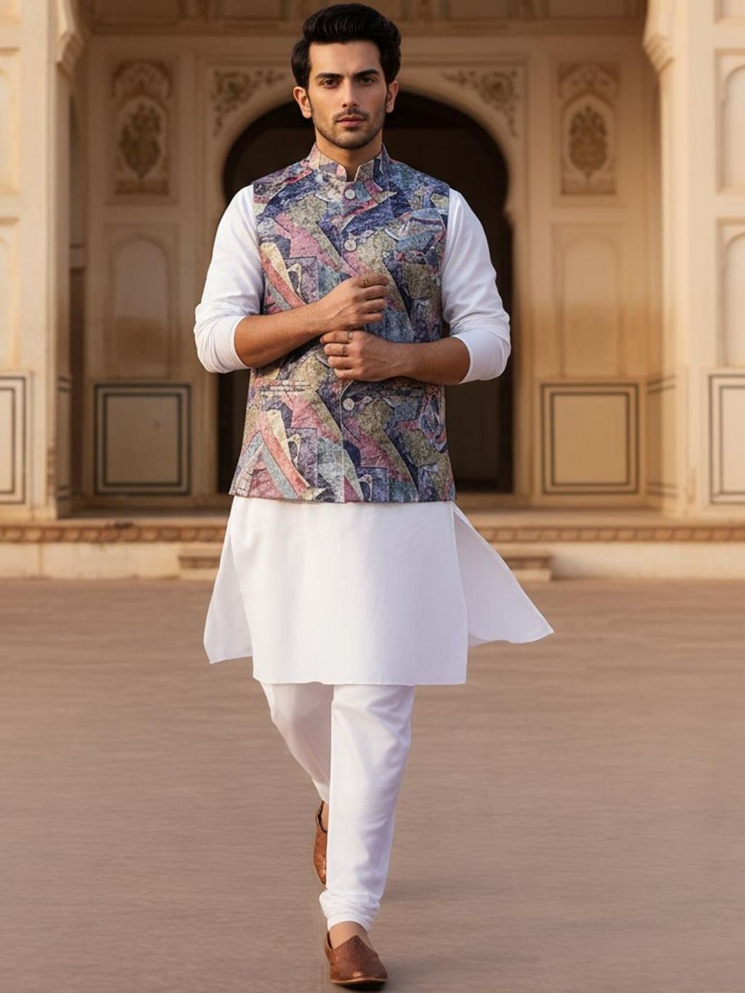 Anouk Men's Printed Jacquard Nehru Jacket  Regular Fit with Mandarin Collar