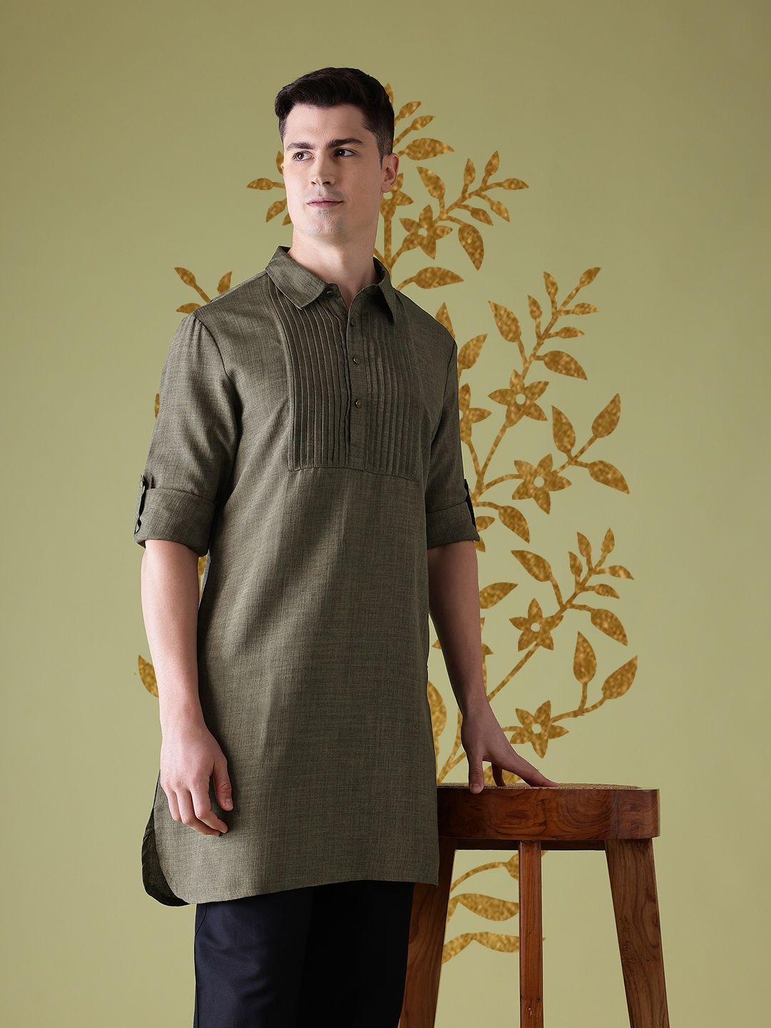 Anouk Shirt Collar Roll-Up Sleeves Pleated Straight Kurta