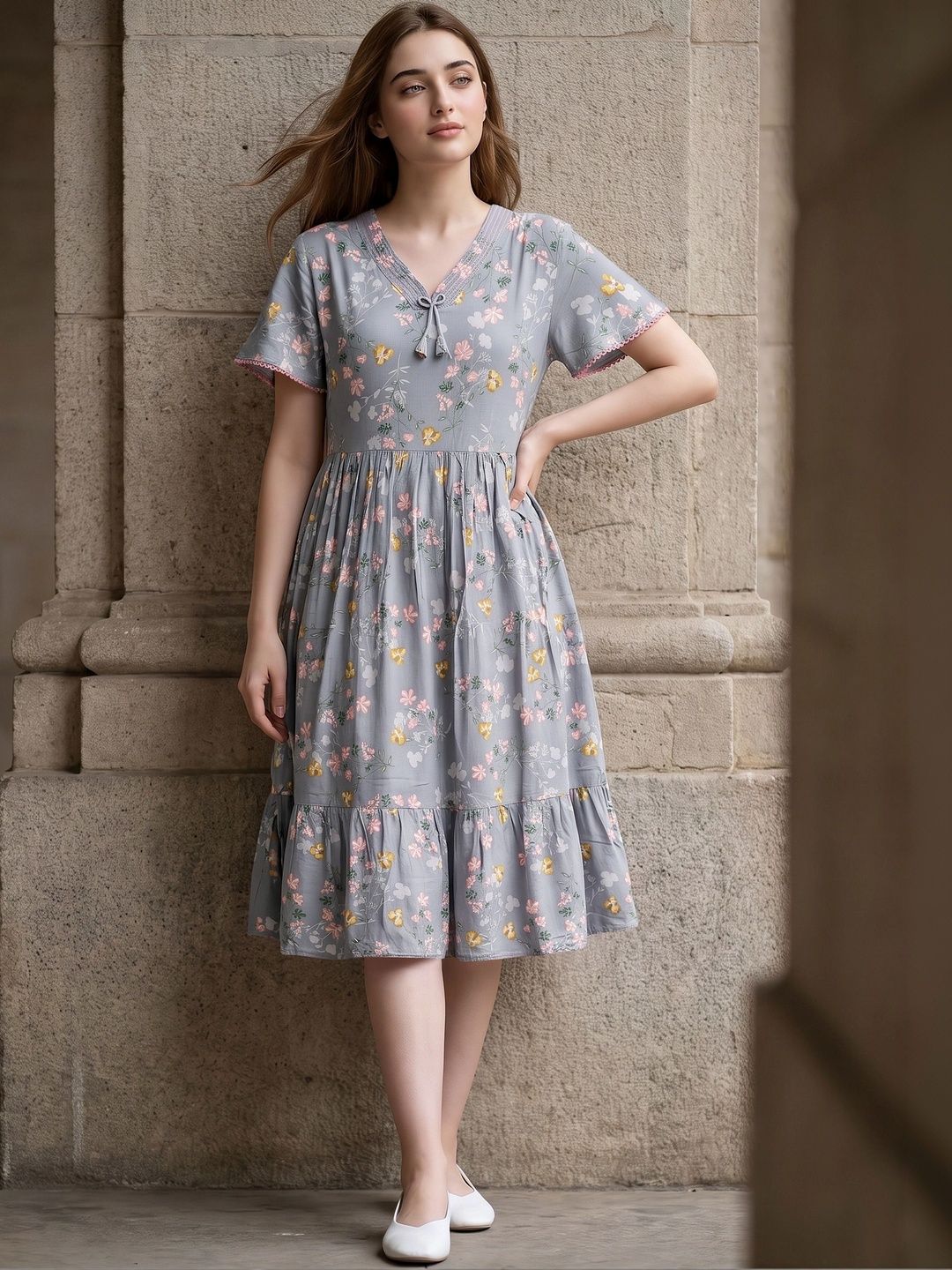 Skien Skien Floral Print A-Line Dress