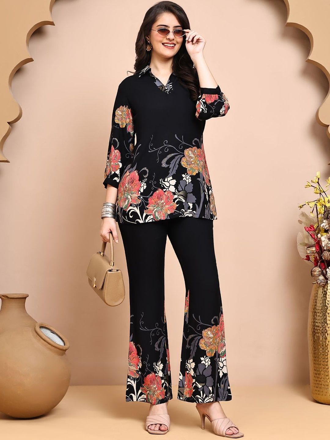 Claura Floral Printed Shirt Neck Top & Palazzos