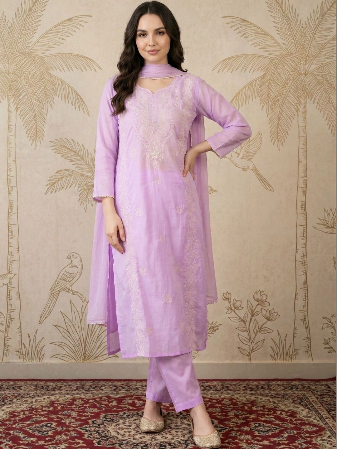 Sangria Sangria Women Ethnic Motifs Embroidered Regular Thread Work Kurta with Trousers & With Dupatta