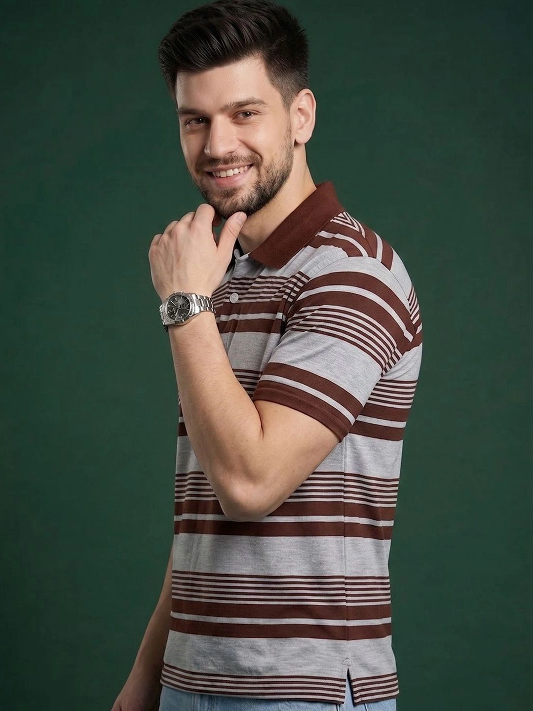 HERE&NOW Men Striped Polo Collar T-shirt