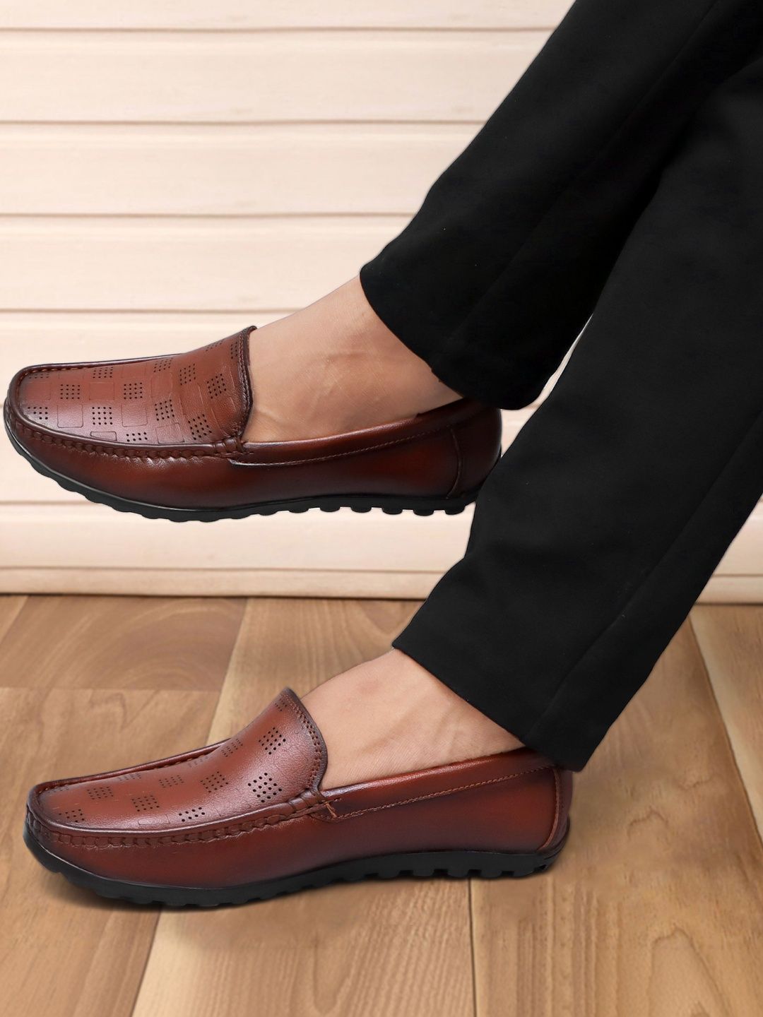 Anouk Men Textured Leather Round Toe Slip-On Loafers Formal Shoes