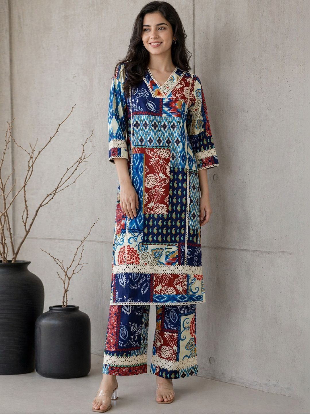 Anouk Women Multicolor Patchwork Print Cotton Co-Ord Set with Kurta & Trousers