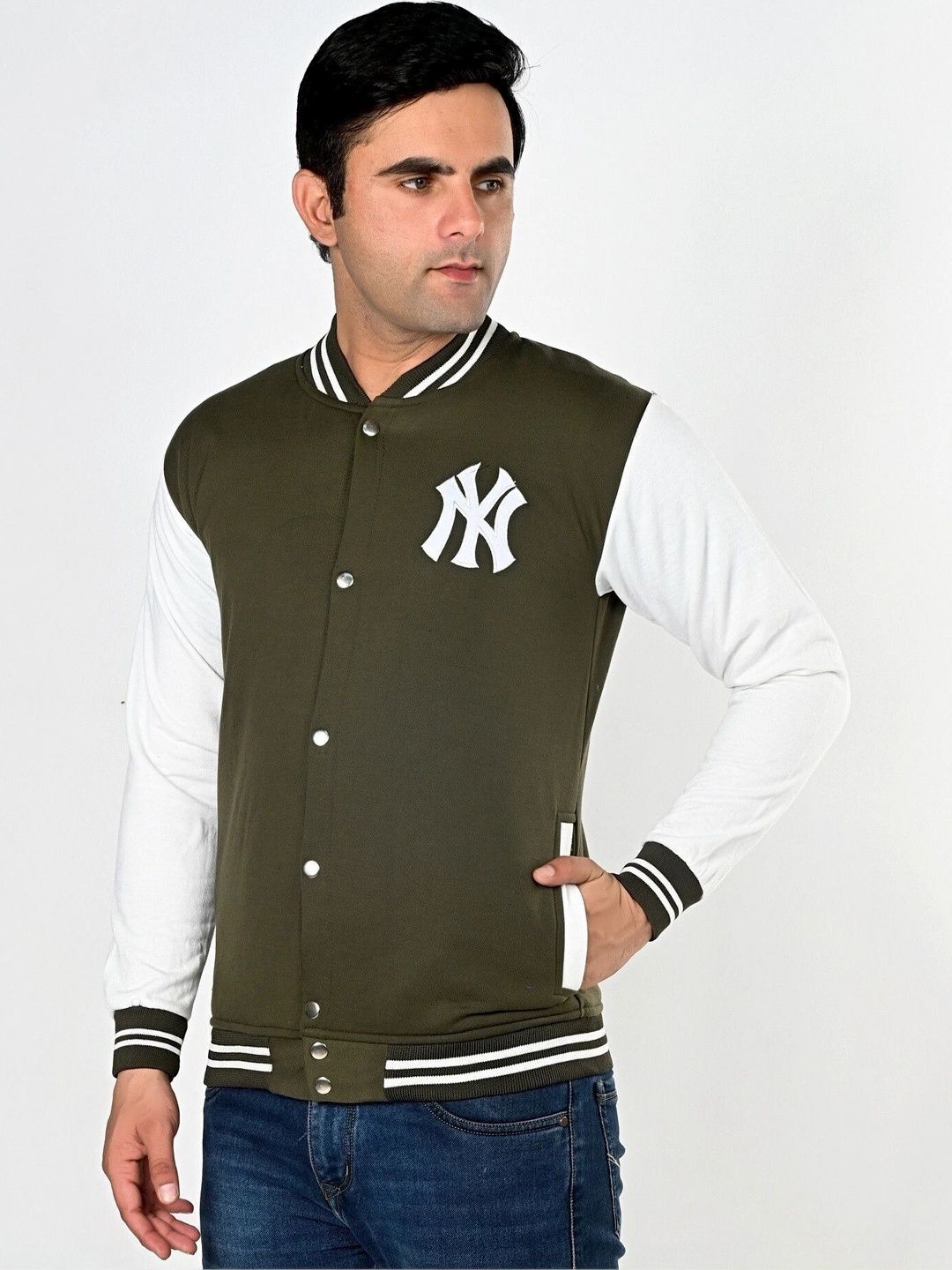 SQS Men Brand Logo Colourblocked Woollen Varsity Jacket
