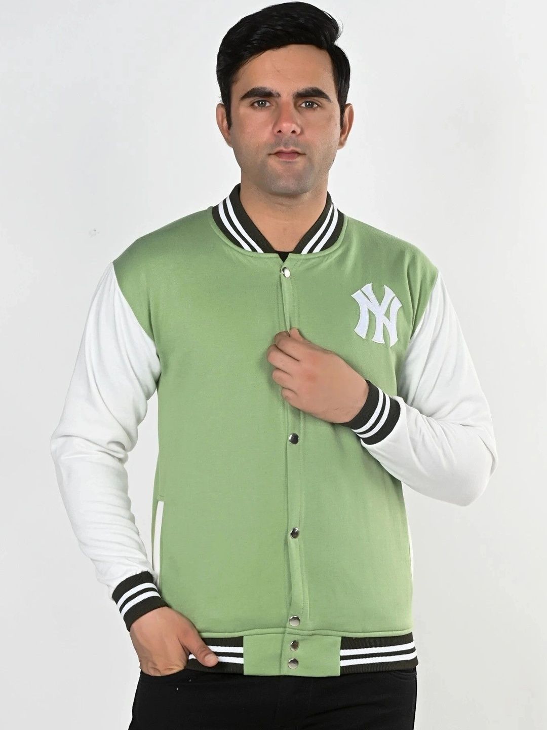 SQS Men Brand Logo Colourblocked Woollen Varsity Jacket