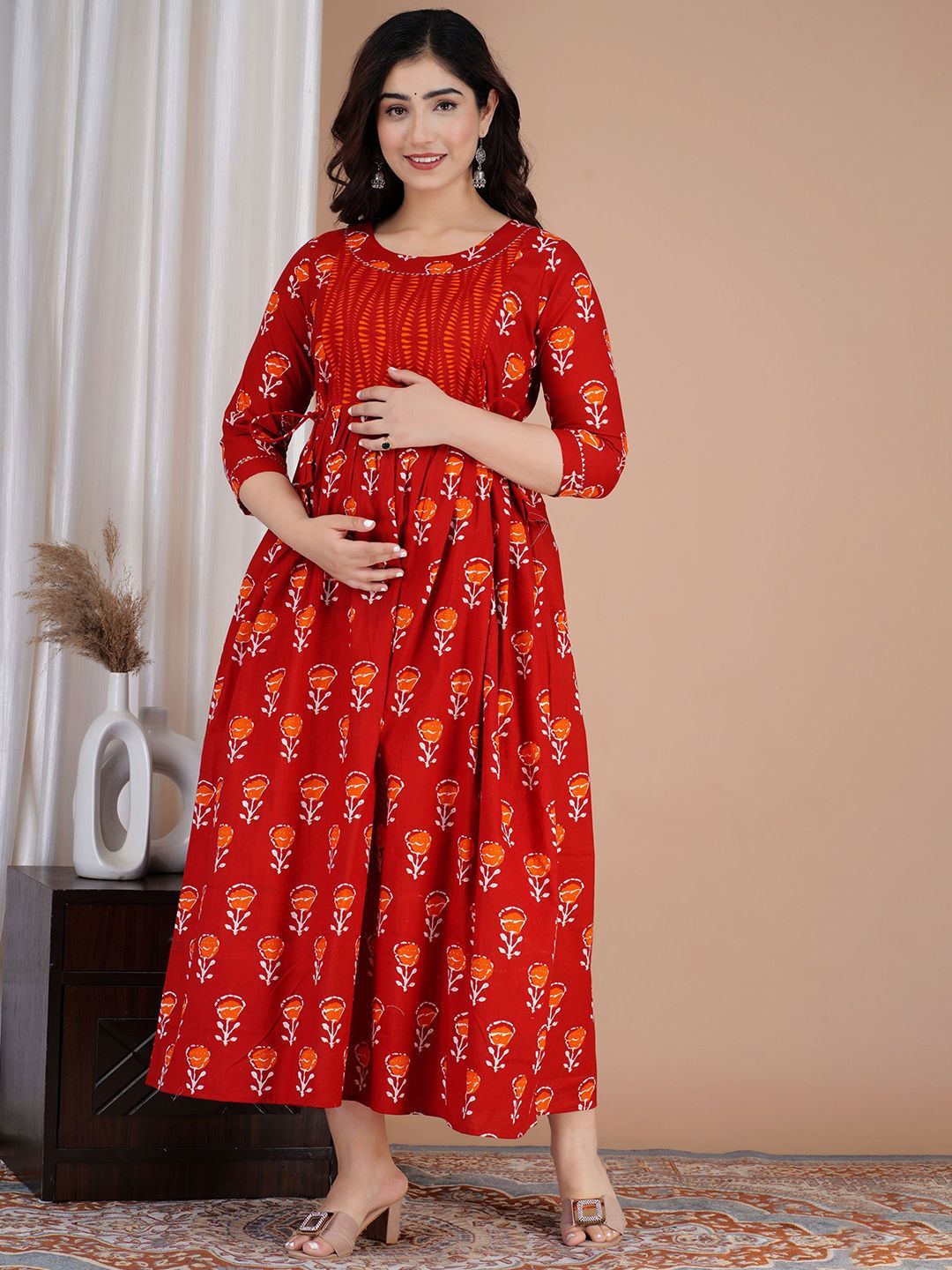 Tulsiram Floral Printed Pure Cotton A-Line Maternity Ethnic Dress
