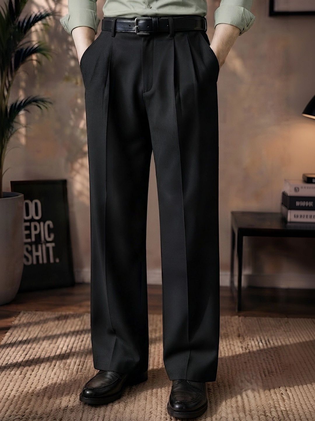 Smart Girls Store Smart Girls Store Men Relaxed Straight Leg Easy Wash Pleated Trousers