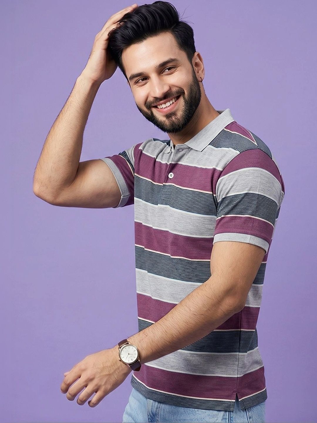 HERE&NOW Men Striped Polo Collar T-shirt
