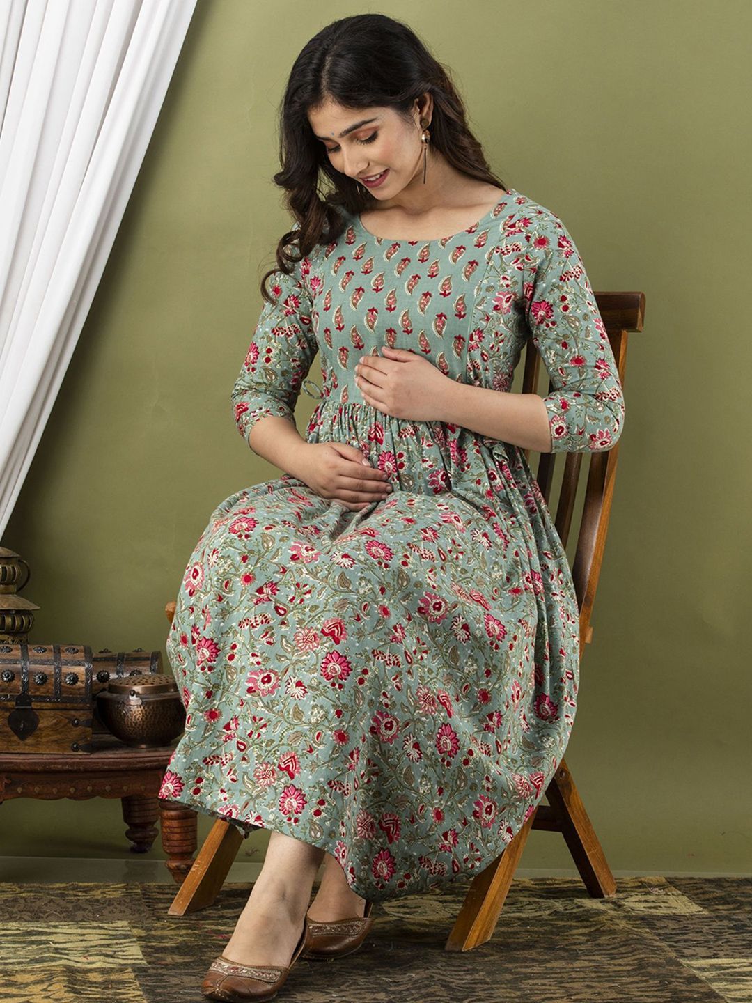 Tulsiram Printed Pure Cotton Round Neck Maternity Dress