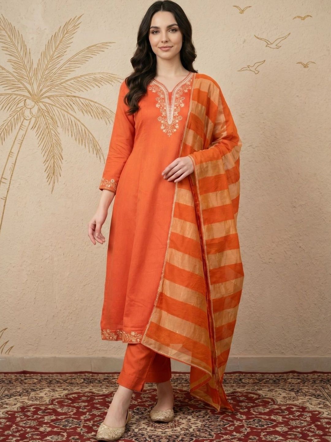 Sangria Sangria Women Ethnic Motifs Embroidered Regular Thread Work Kurta with Trousers & With Dupatta