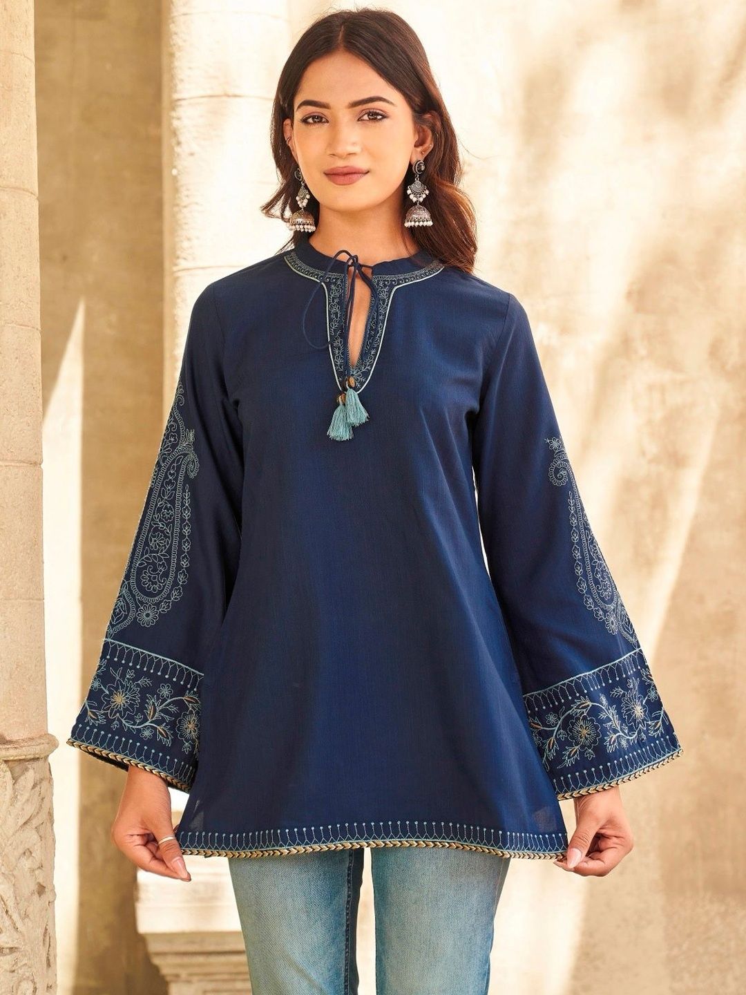 Anouk Ethnic Motifs Embroidered Flared Sleeves Thread Work Chanderi Silk Thread Work Kurti