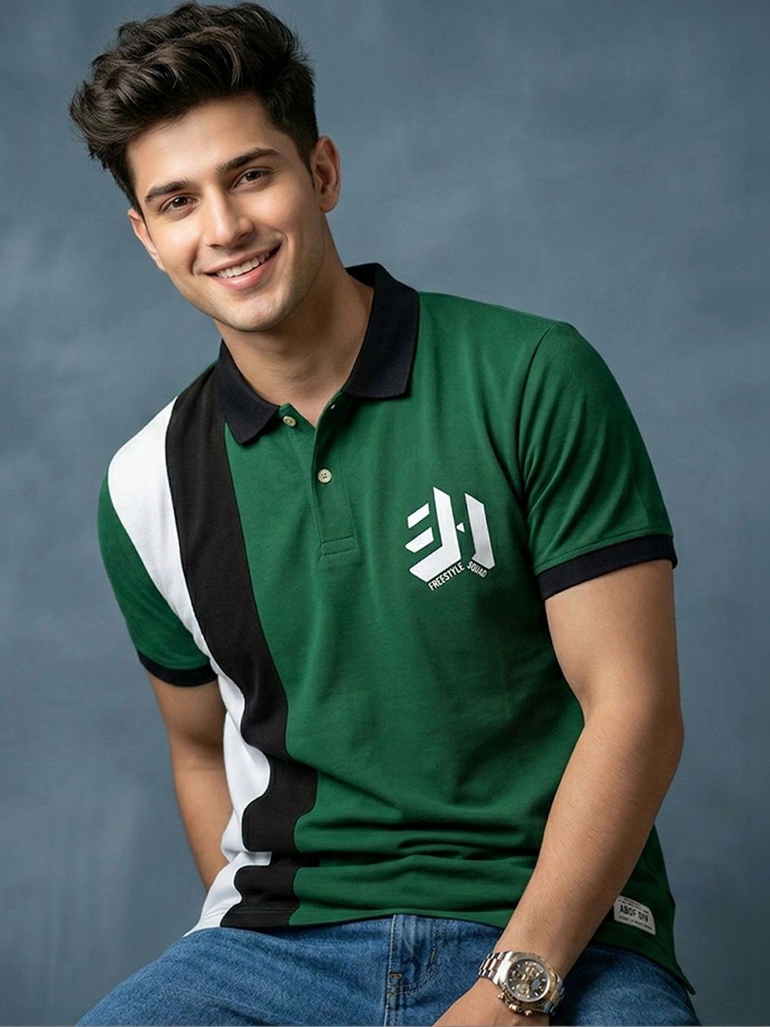 HERE&NOW Men Brand Logo Colourblocked Polo Collar T-shirt
