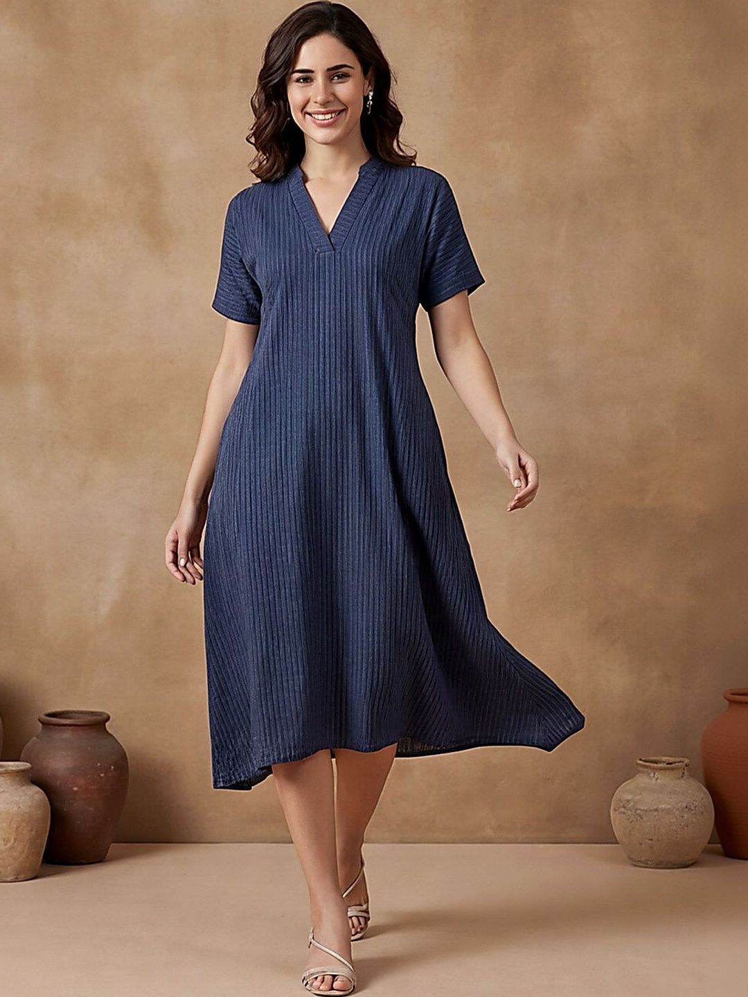 Anouk Printed A-Line Cotton Kantha Work Ethnic Dress