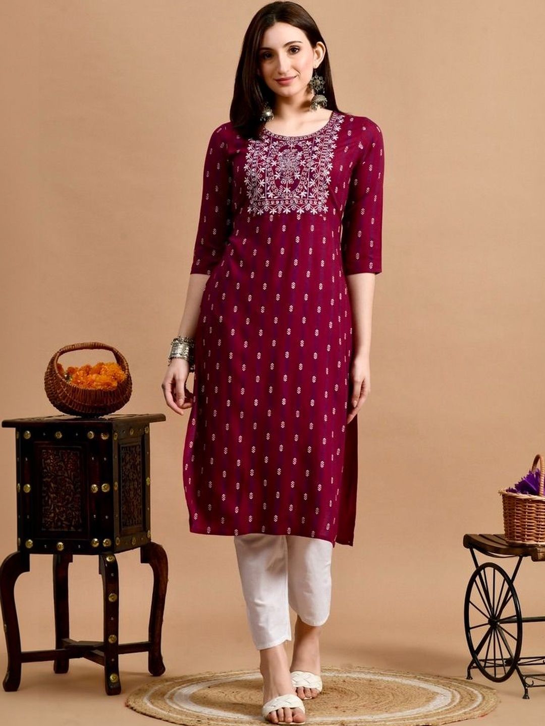 Anouk Women Ethnic Motifs Printed Thread Work Straight Kurta