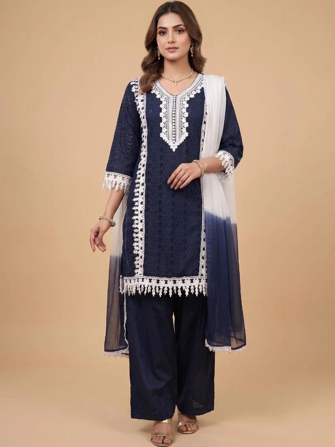TRUE SISTERS Women Embroidered Kurta with Palazzos With Dupatta
