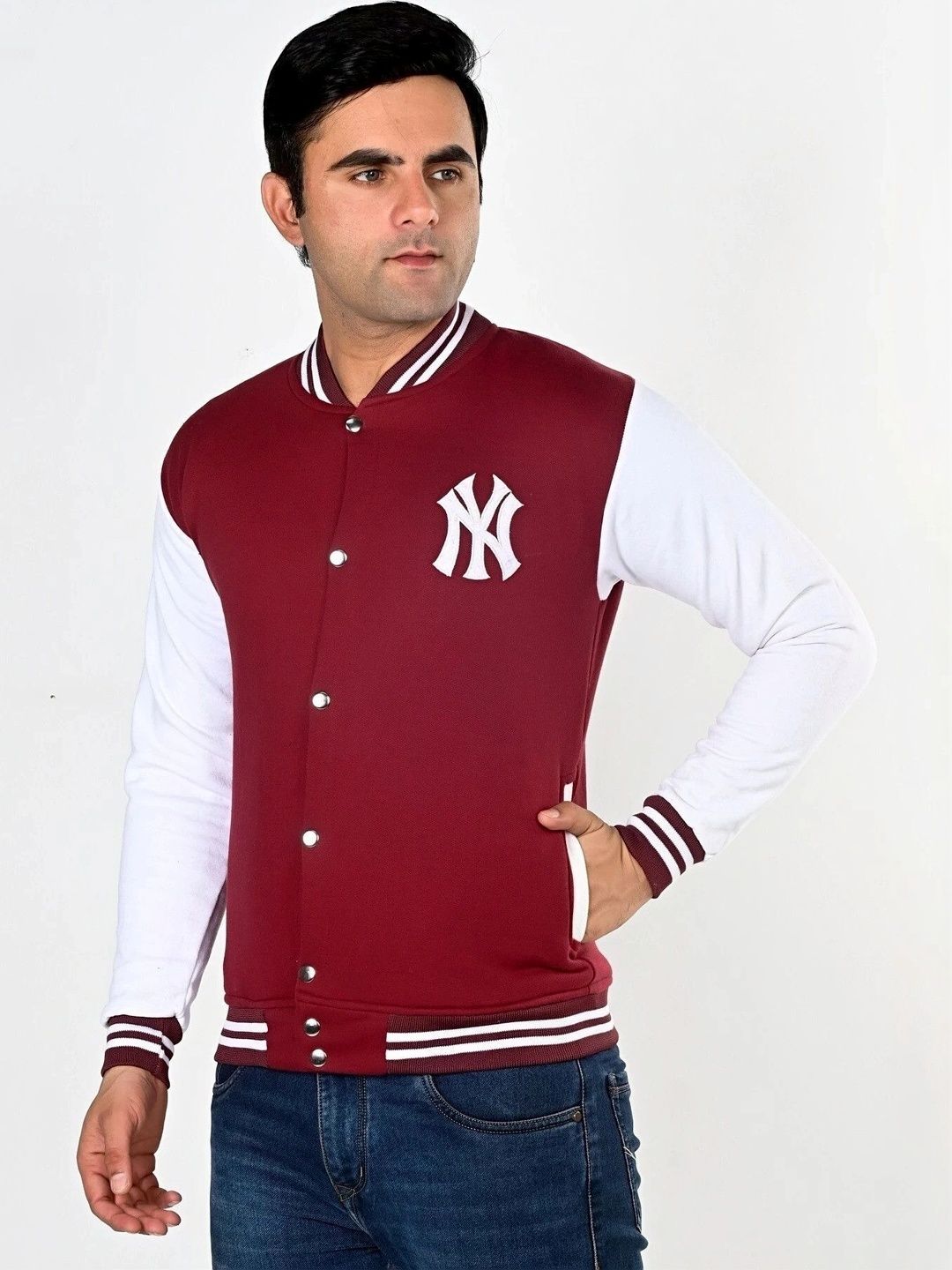 SQS Men Brand Logo Colourblocked Woollen Varsity Jacket