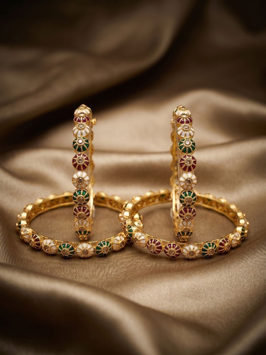 Anouk Anouk Set of 4 Gold-Plated Enamelled Stone Studded & Beaded Bangles