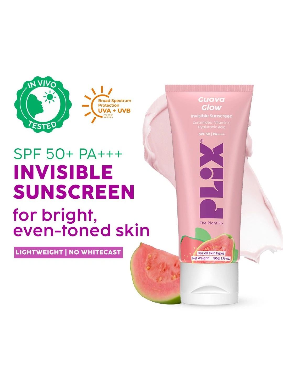 PLIX THE PLANT FIX PLIX THE PLANT FIX Guava Glow Invisible Sunscreen Gel SPF50+ PA+++ with Ceramides - 50g