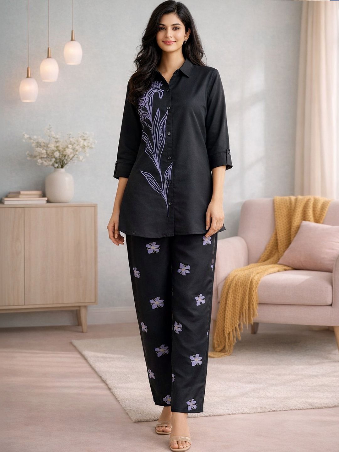 Buy Anouk Women Black Floral Printed Cotton Blend Shirt with