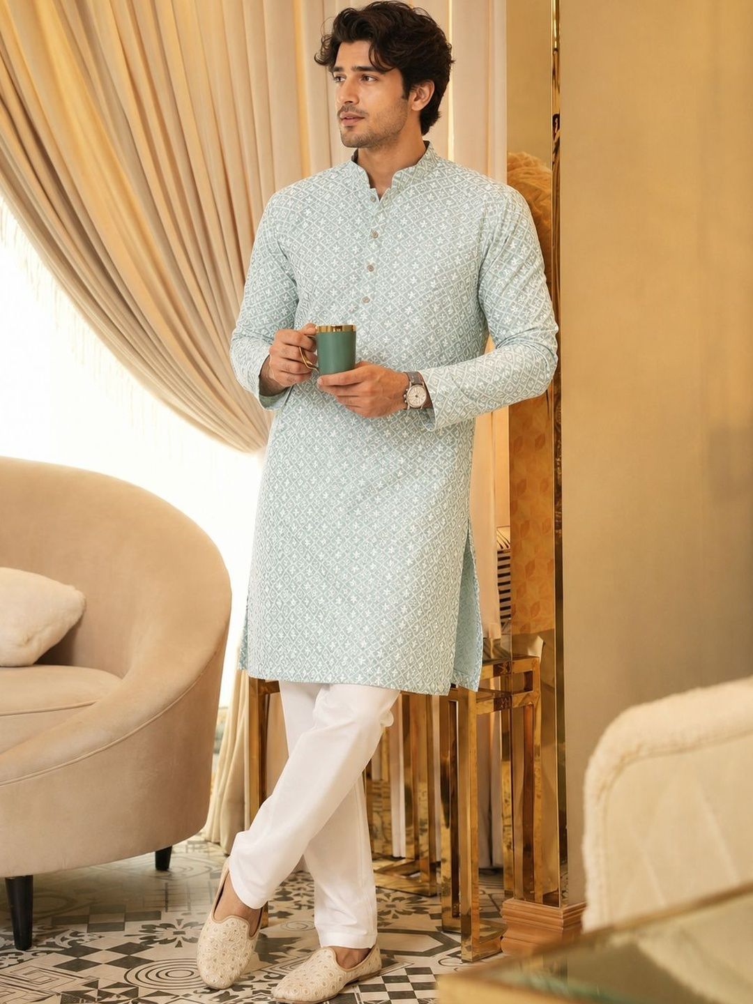 Anouk Men Geometric Embroidery Knee Length Straight Kurta