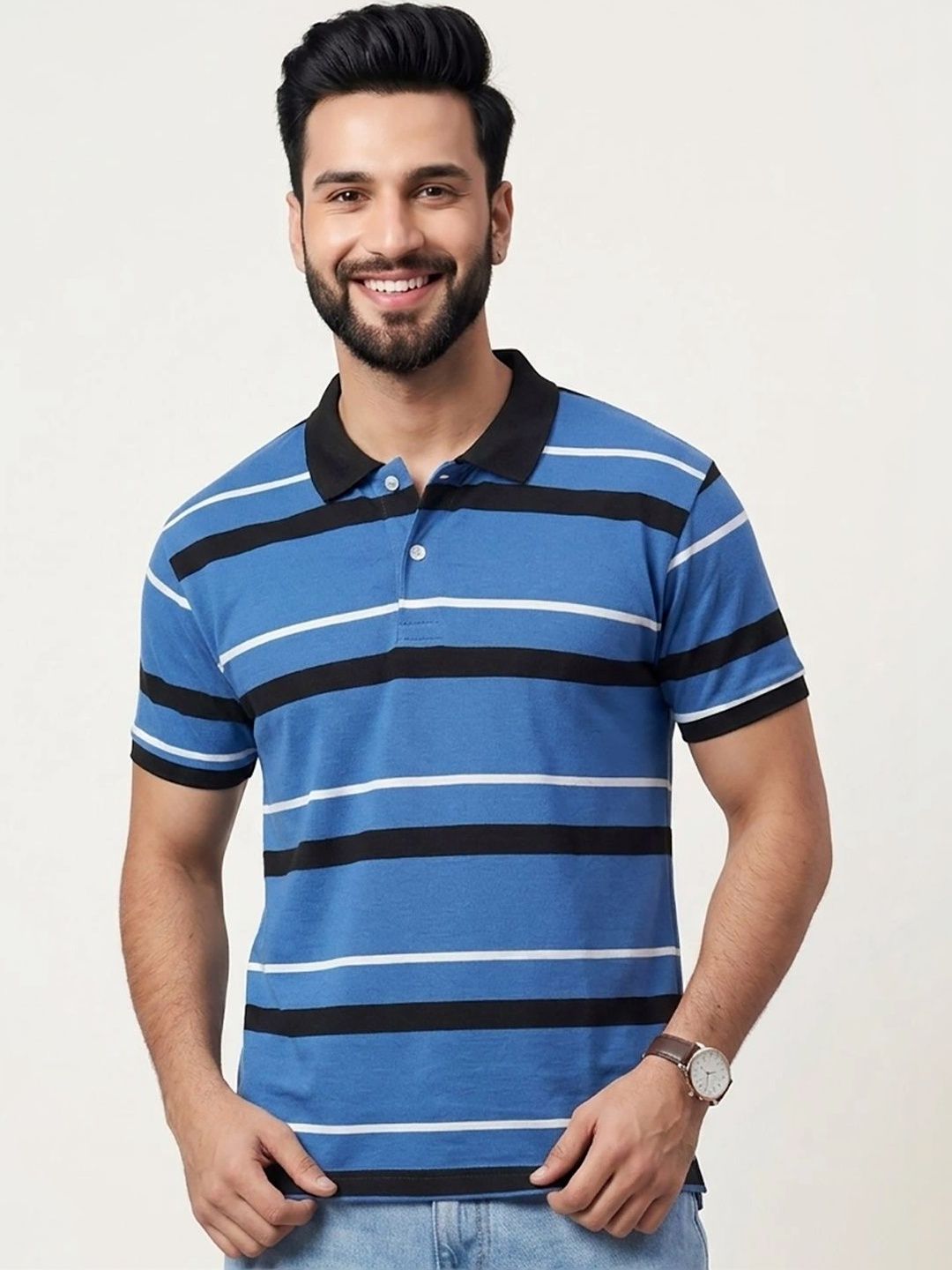 HERE&NOW Men Striped Polo Collar T-shirt
