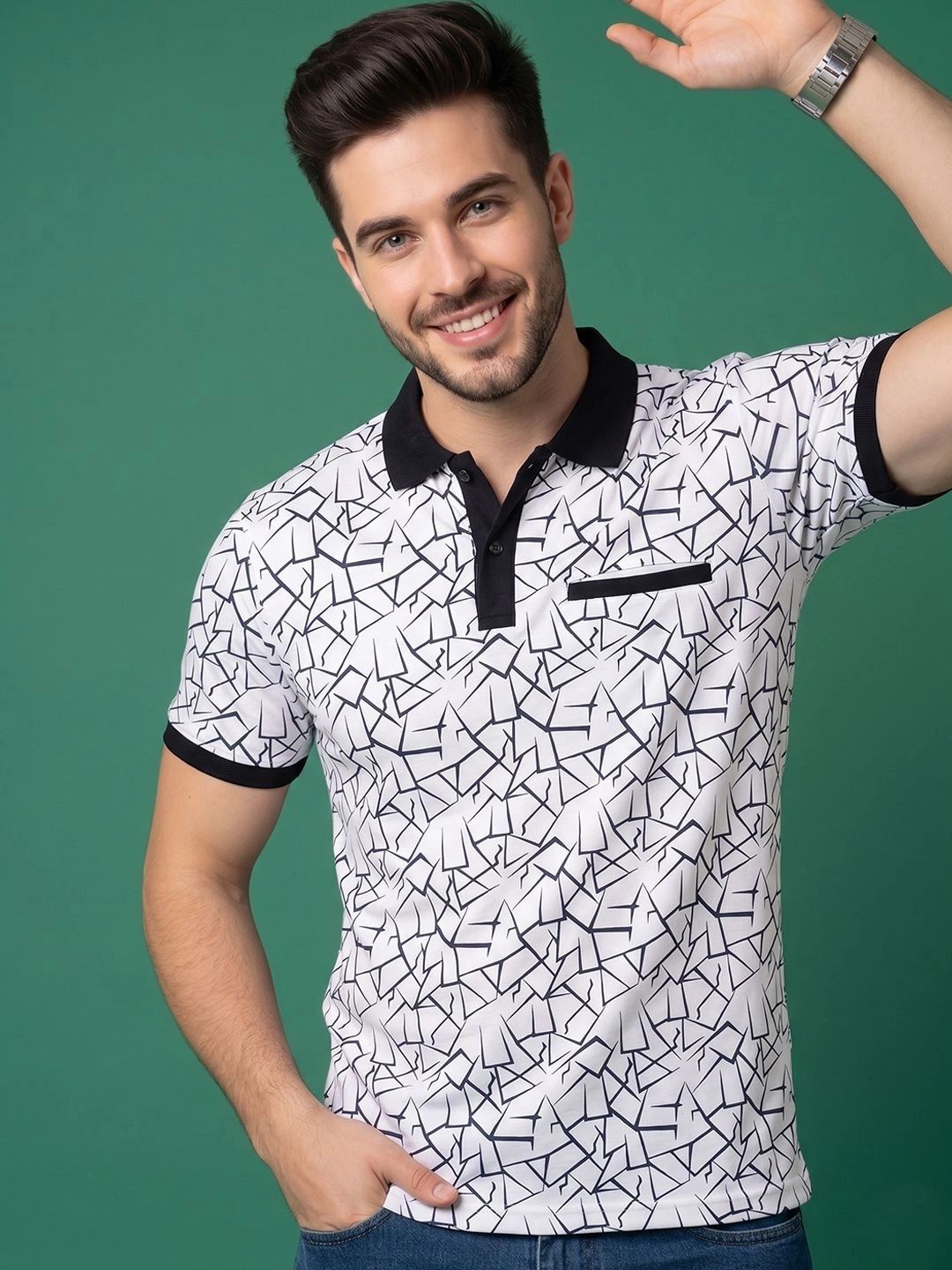 HERE&NOW Men Printed Polo Collar Pockets T-shirt