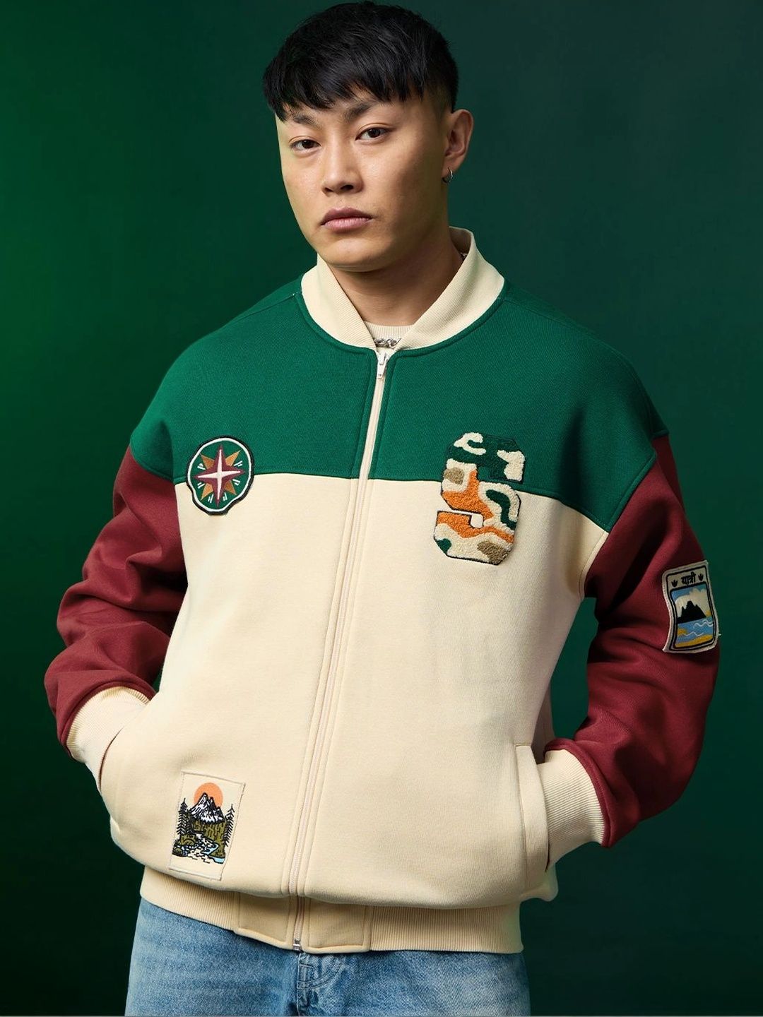 The Souled Store Men Colourblocked Varsity Jacket with Embroidered