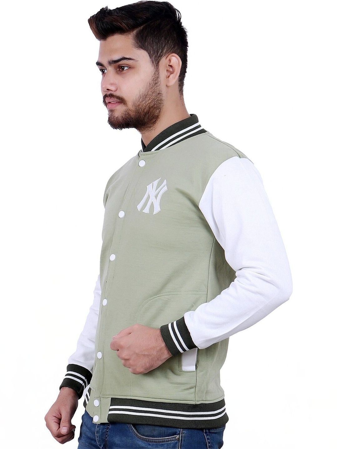 SQS Men Brand Logo Colourblocked Woollen Varsity Jacket