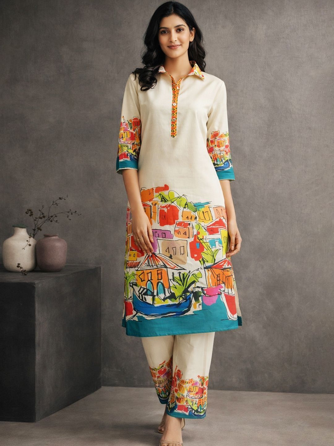 Anouk Cream Women Printed Cotton Blend Kurta with Trousers Co-ord Set