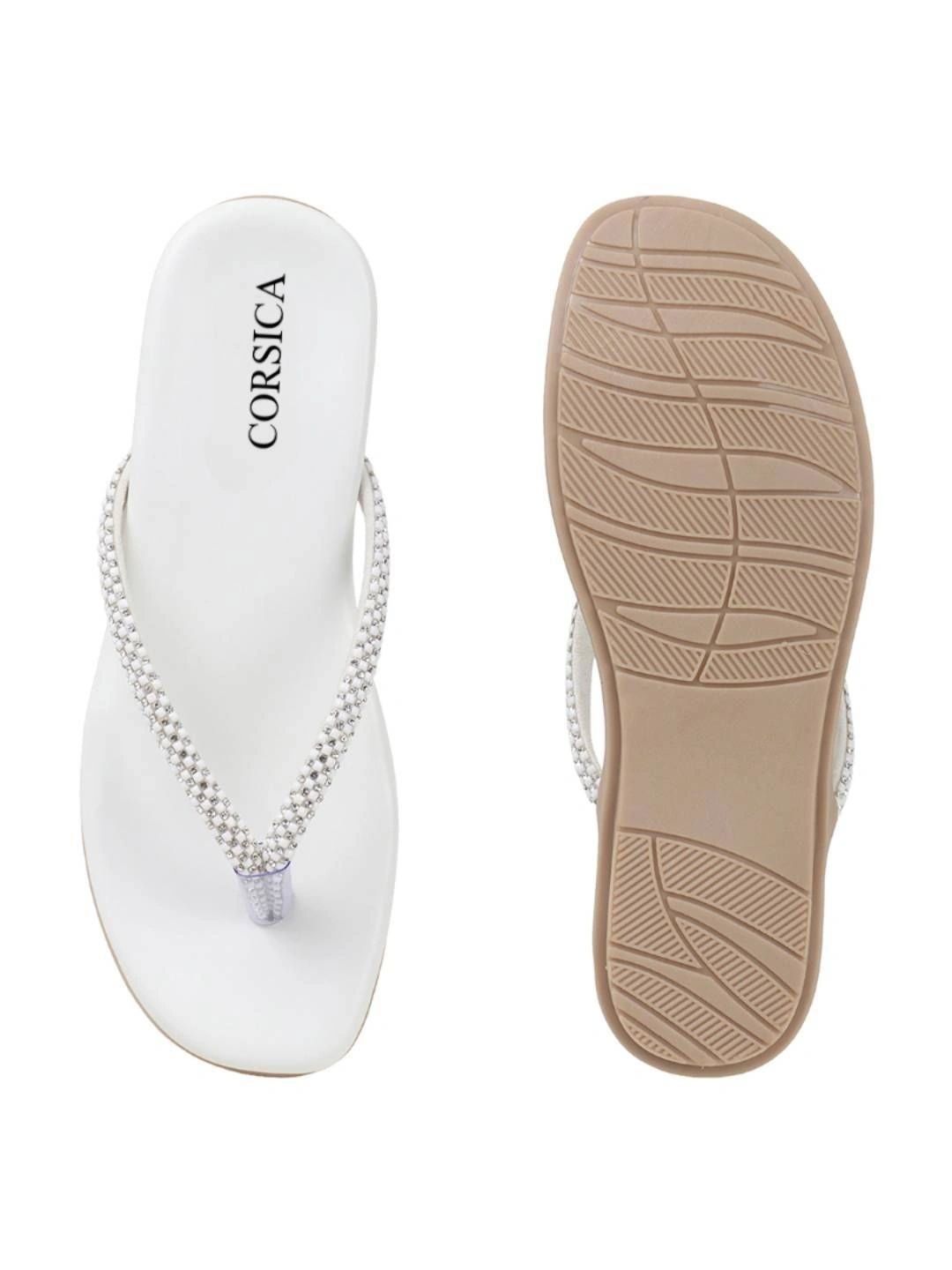 CORSICA CORSICA Women White Casual Round Toe No Back Strap Western - Embellished T-Strap Flats