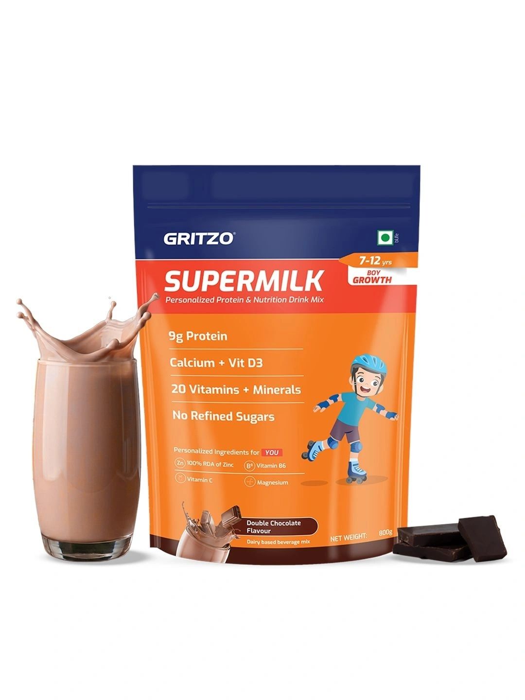Gritzo Gritzo SuperMilk Daily Nutrition 8-12y Young Athlete 9g Protein-Double Chocolate-1kg