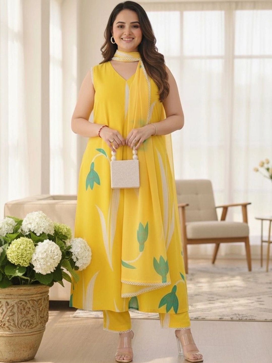 PREM KUMAR PREM KUMAR Women Floral Printed V-Neck Regular Kurta With Trousers & Dupatta