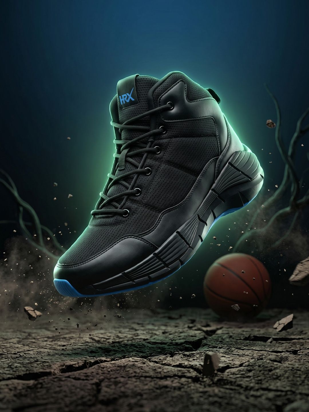 HRX by Hrithik Roshan Men Black & Blue Mid Top Mesh Basketball Shoes