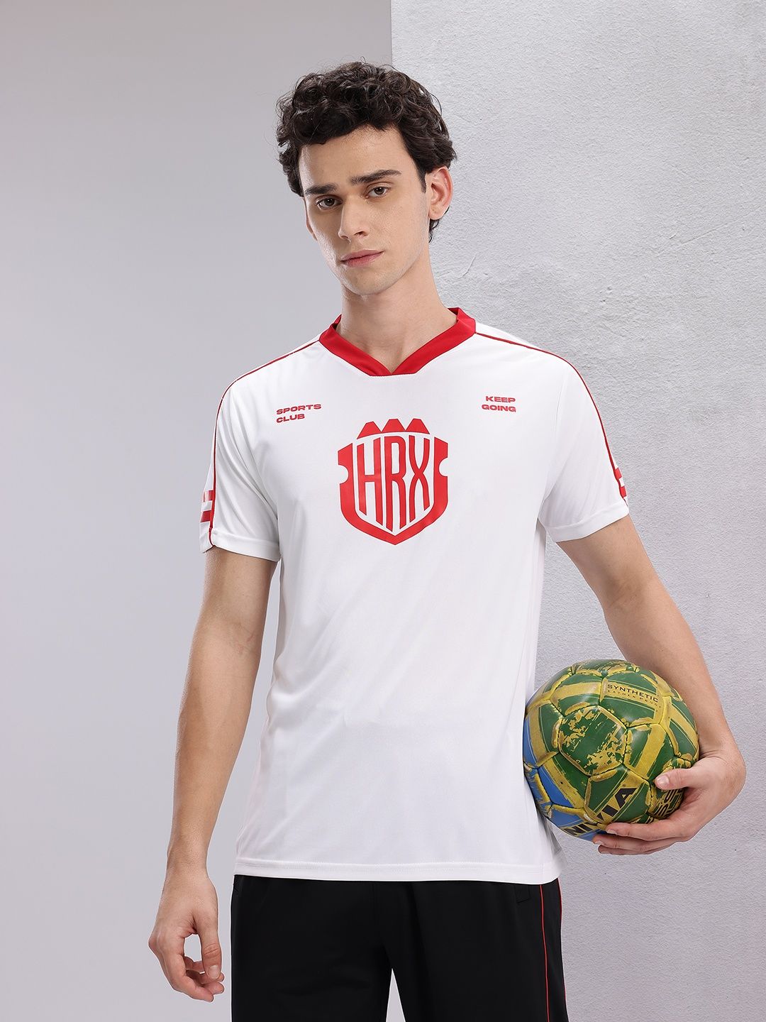 HRX by Hrithik Roshan Brand Logo Printed V-Neck Rapid-Dry Football T-shirt