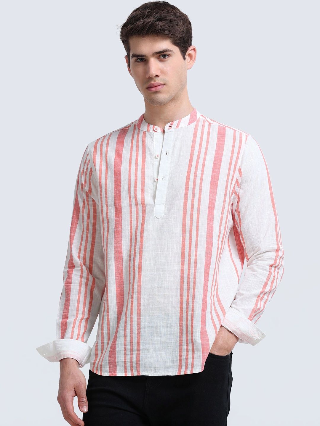 StitchX Men's Band Collar Pure Cotton Striped Kurta Shirt