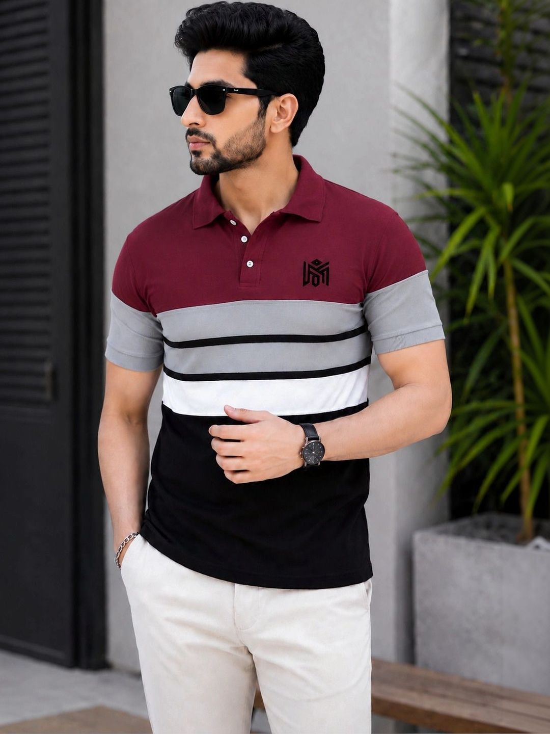 Lolark Men Brand Logo Colourblocked Polo Collar T-shirt