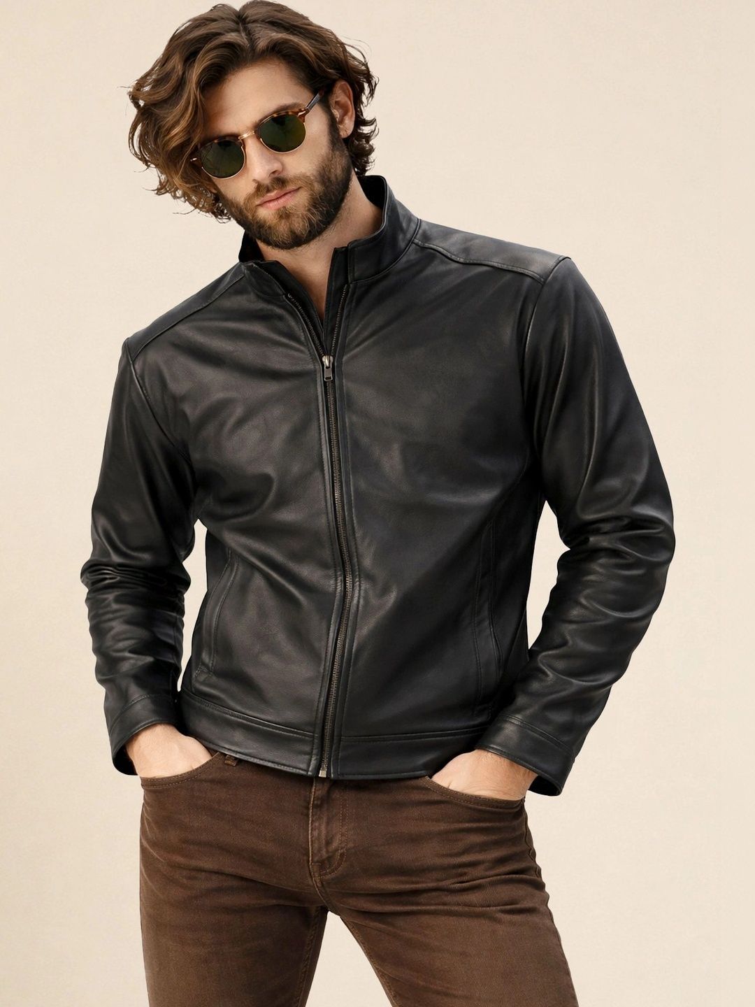 Leather Retail Men Stand Collar Lightweight Biker Jacket