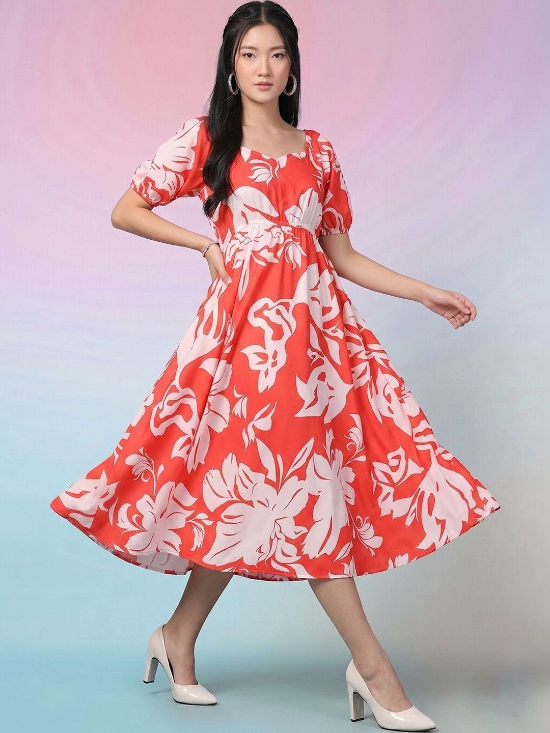 DressBerry DressBerry Floral Print Puff Sleeve Crepe A-Line Dress
