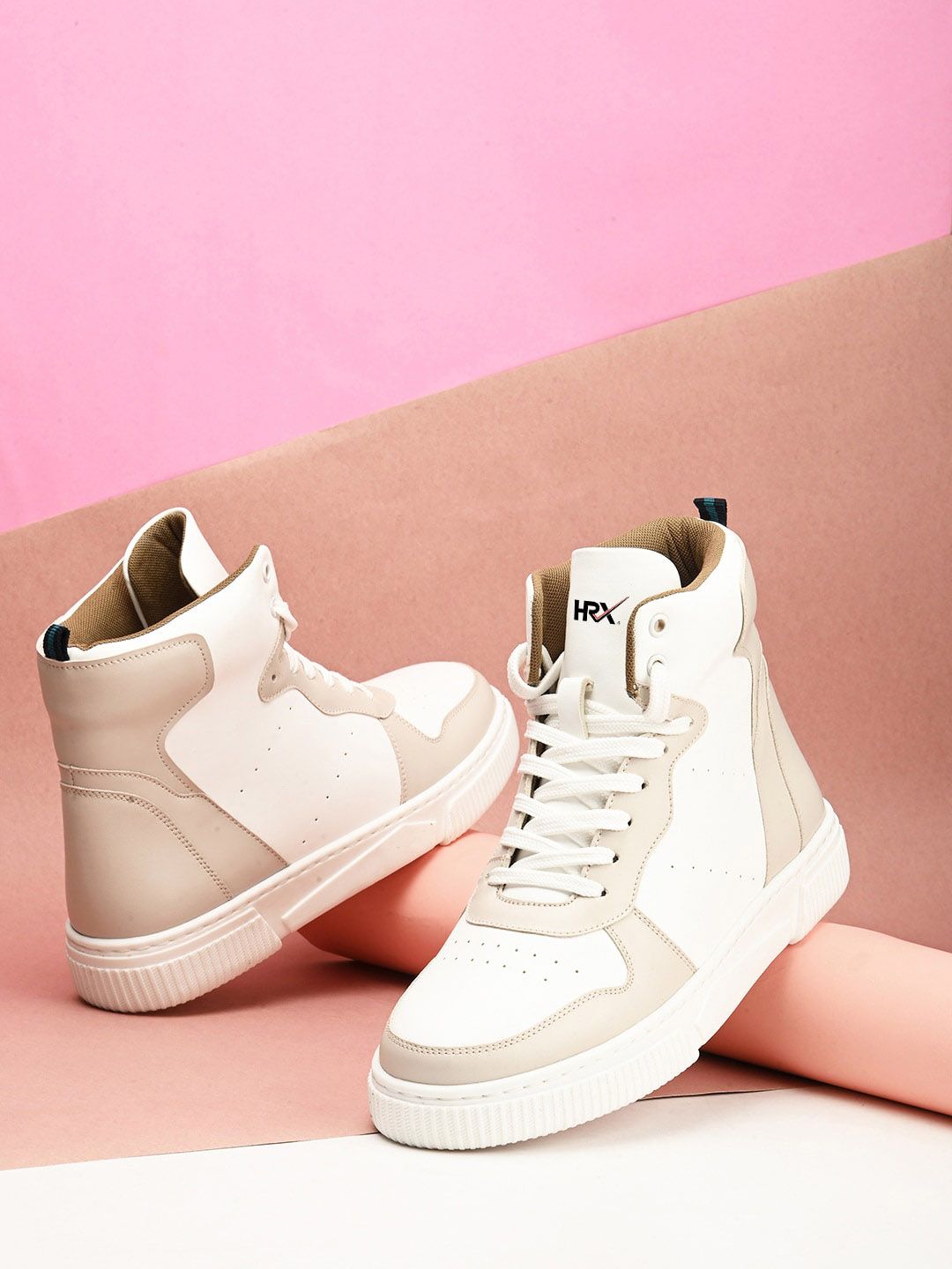 HRX by Hrithik Roshan Women White & Beige Colourblocked Mid Top Lightweight Sneakers