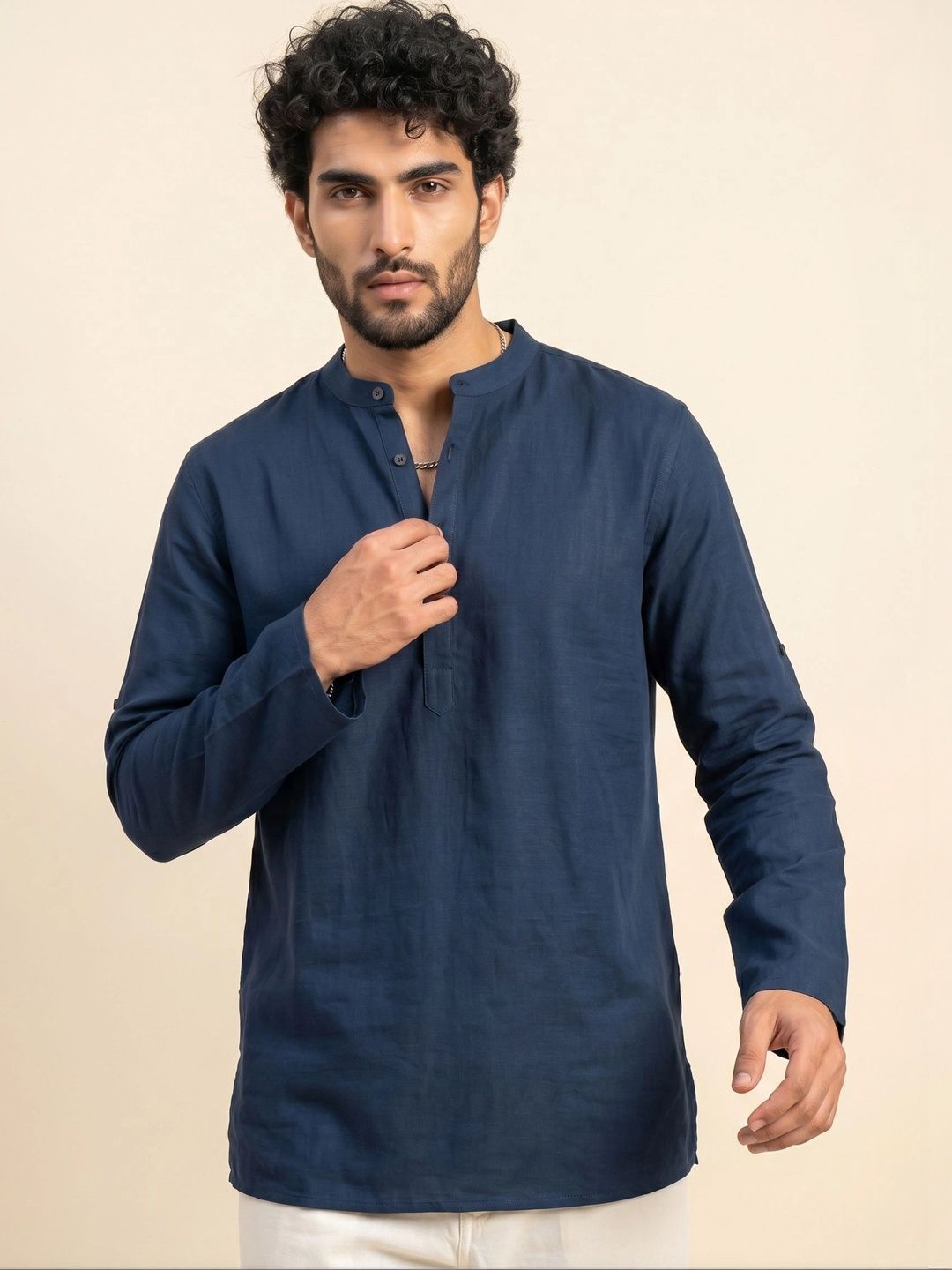 Anouk Men Navy Blue solid mandarin collar short kurta
