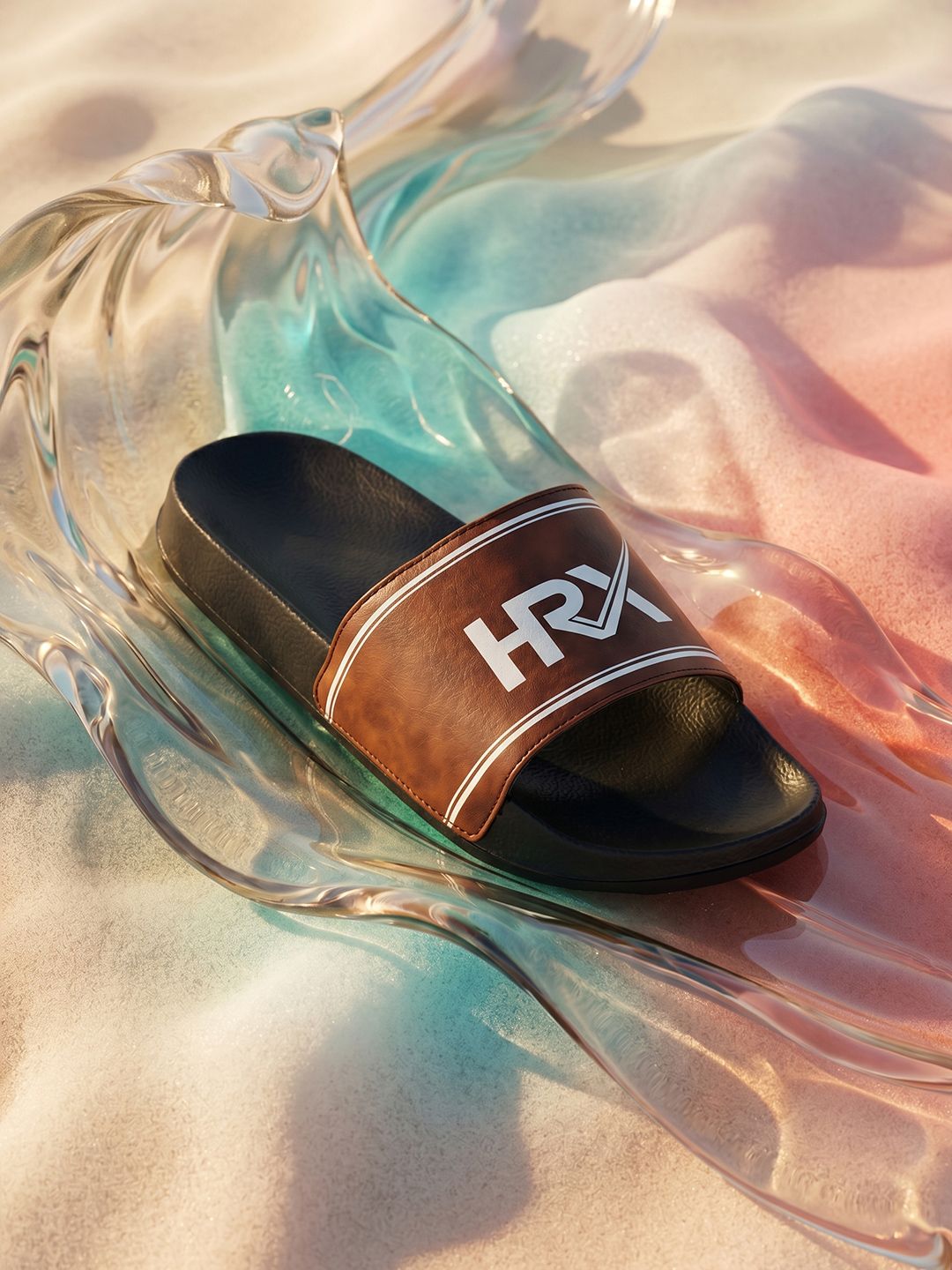 HRX by Hrithik Roshan Men Tan & Black Brand Logo Printed Sliders