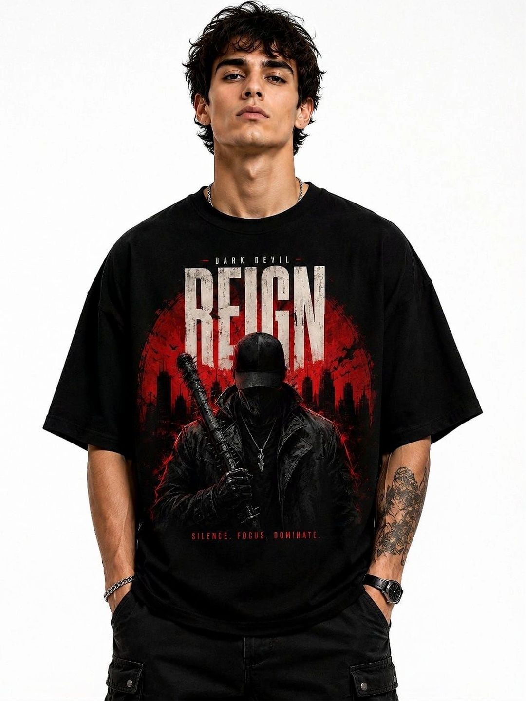 DARK DEVIL Graphic Printed Round Neck Drop-Shoulder Sleeves Oversized Cotton T-shirt