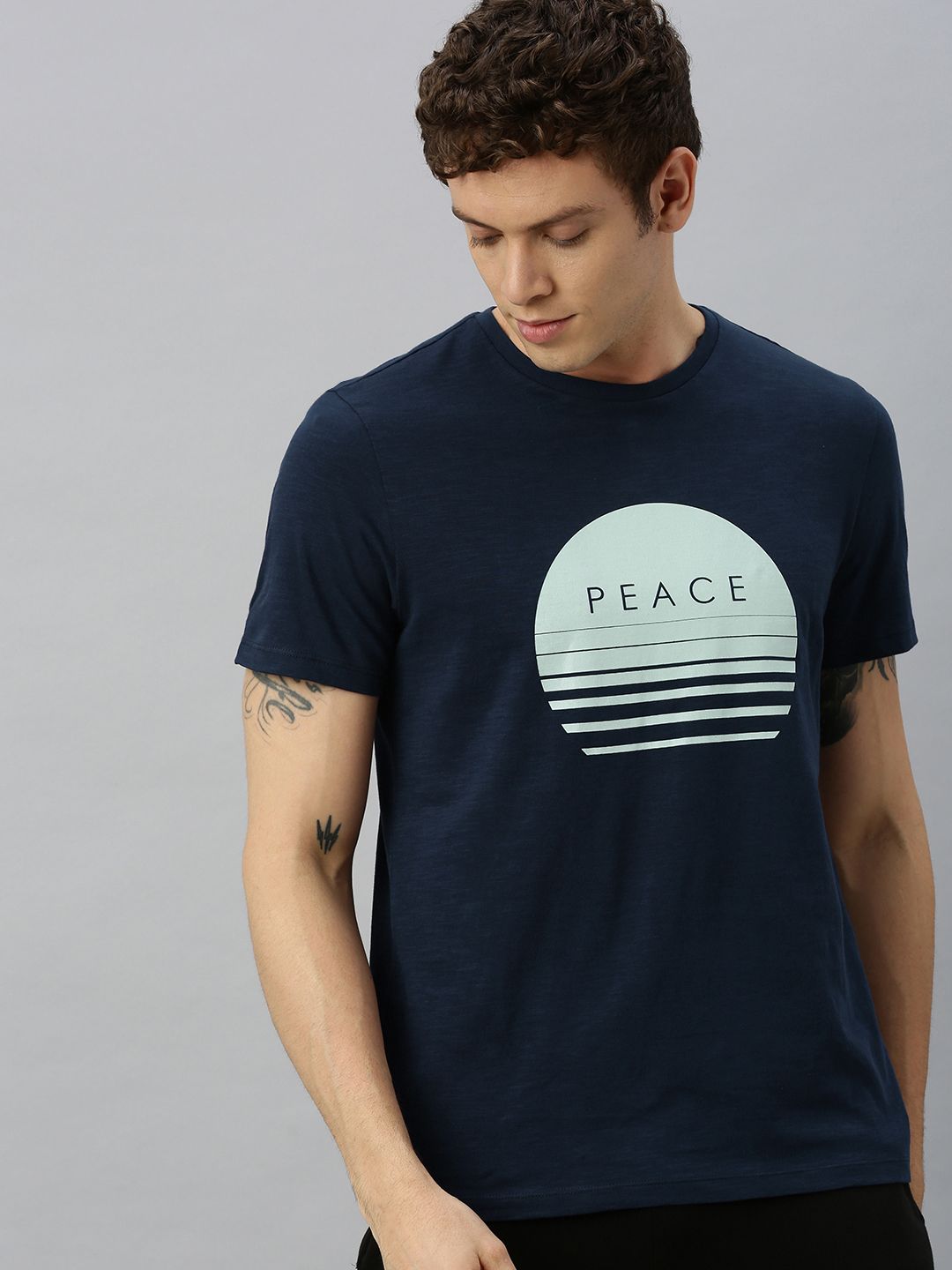 HRX by Hrithik Roshan Men Navy Blue Printed Bio-Wash Yoga Tshirt