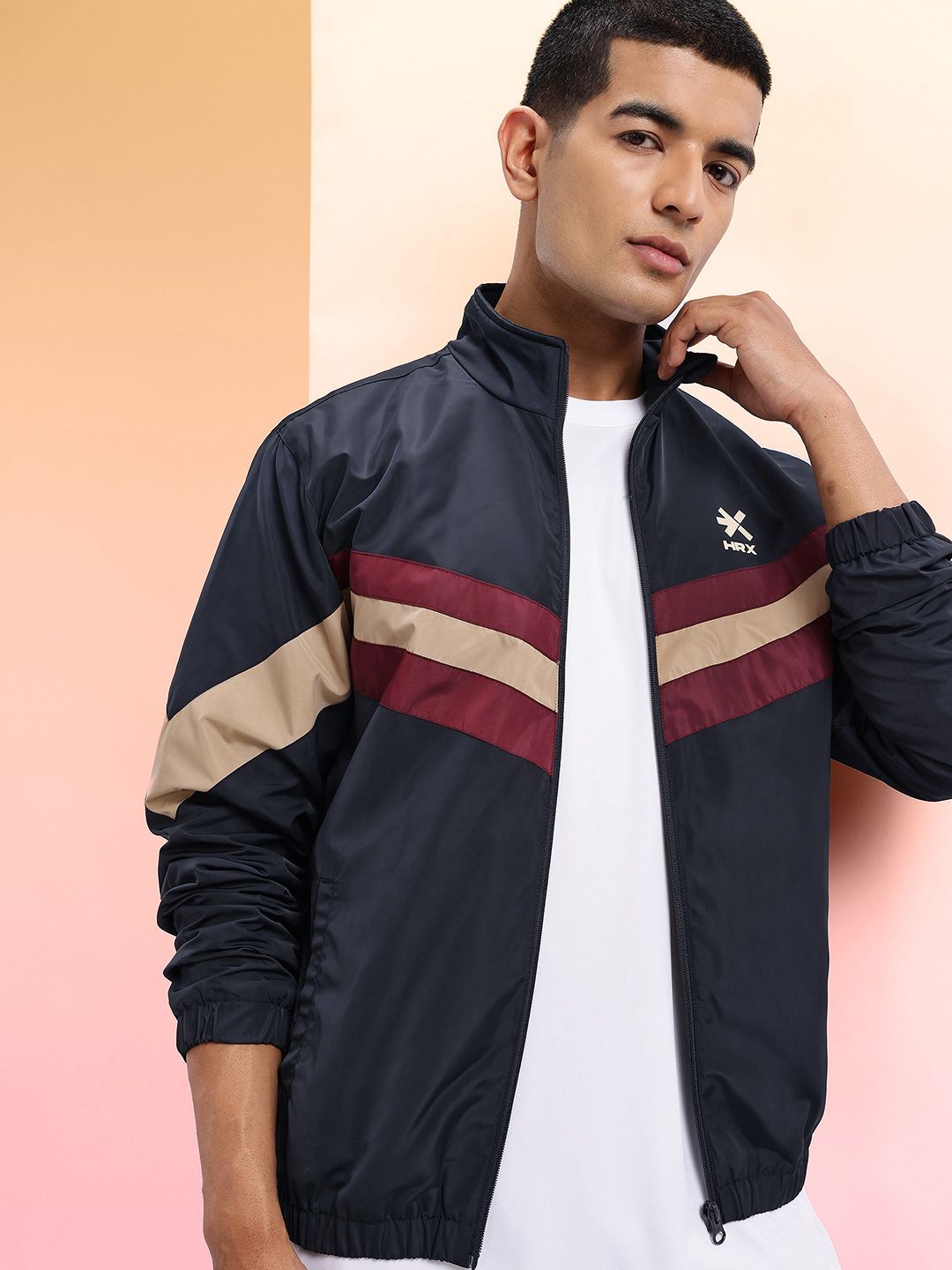 HRX by Hrithik Roshan Horizontally Striped Mock Collar Bomber Jacket