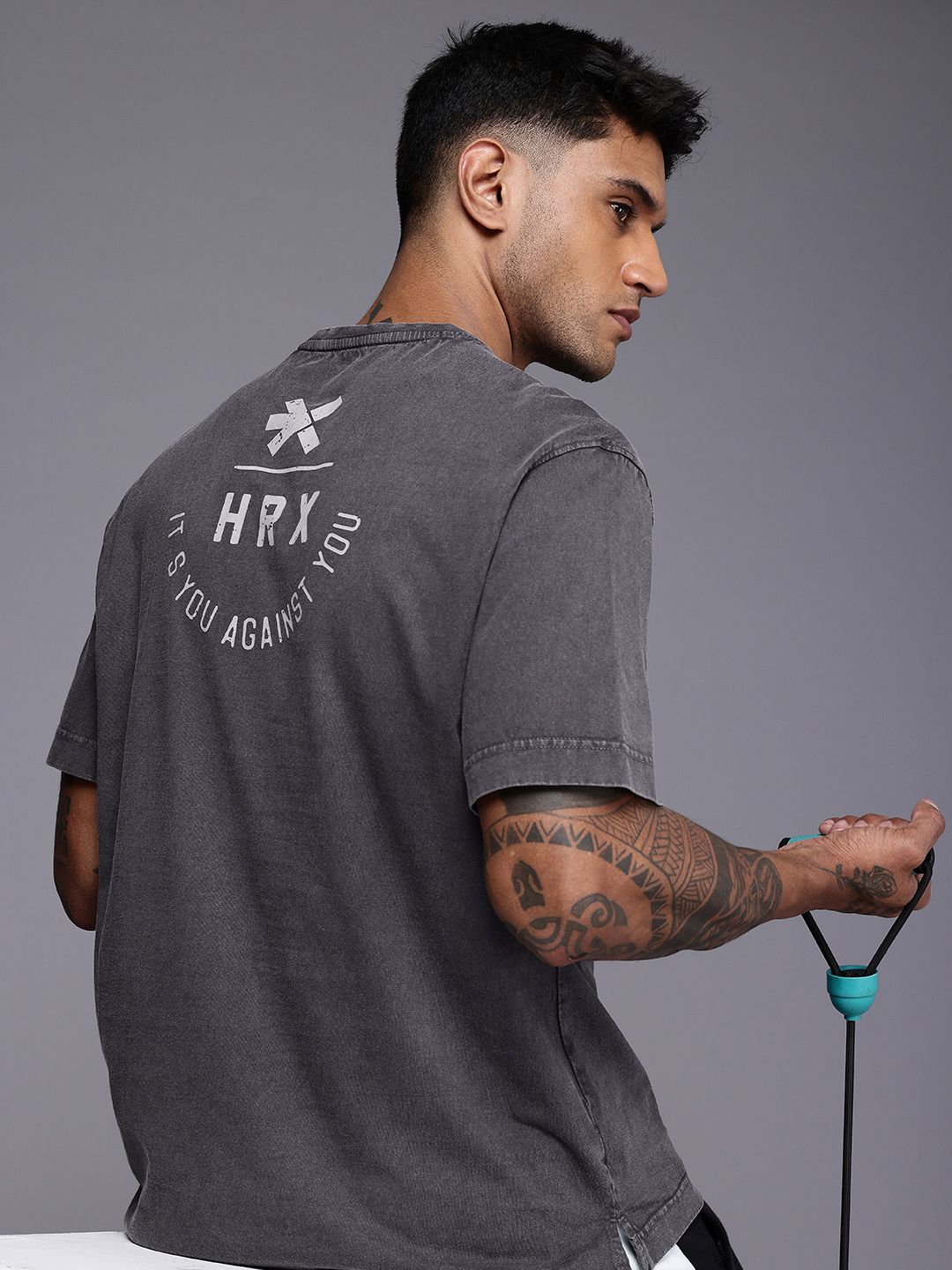 HRX by Hrithik Roshan Irontribe Pure Cotton Brand Logo Washed Relaxed Training T-shirt