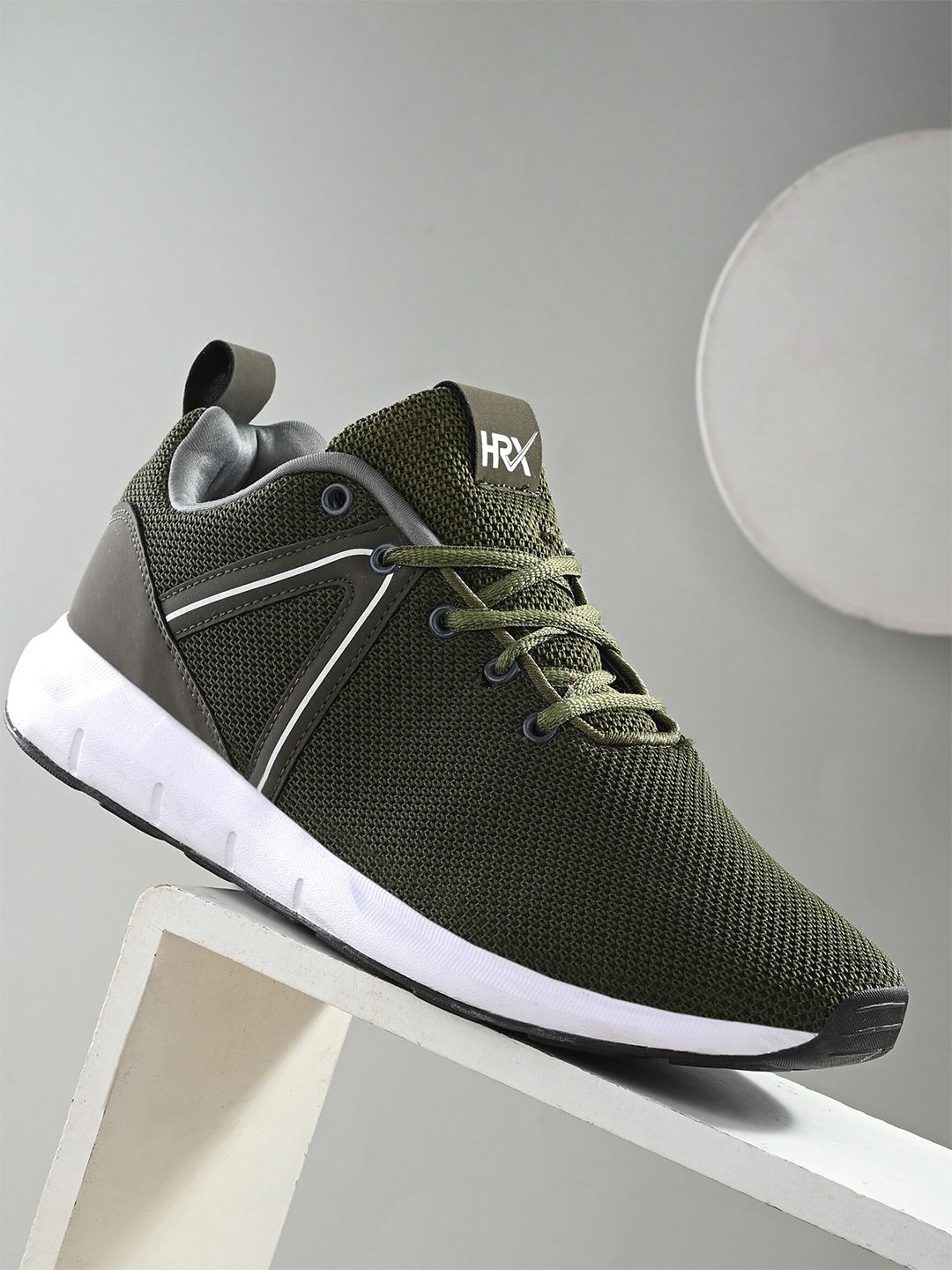 HRX by Hrithik Roshan Men Olive Green & White Mesh Memory Foam Non-Marking Running Shoes