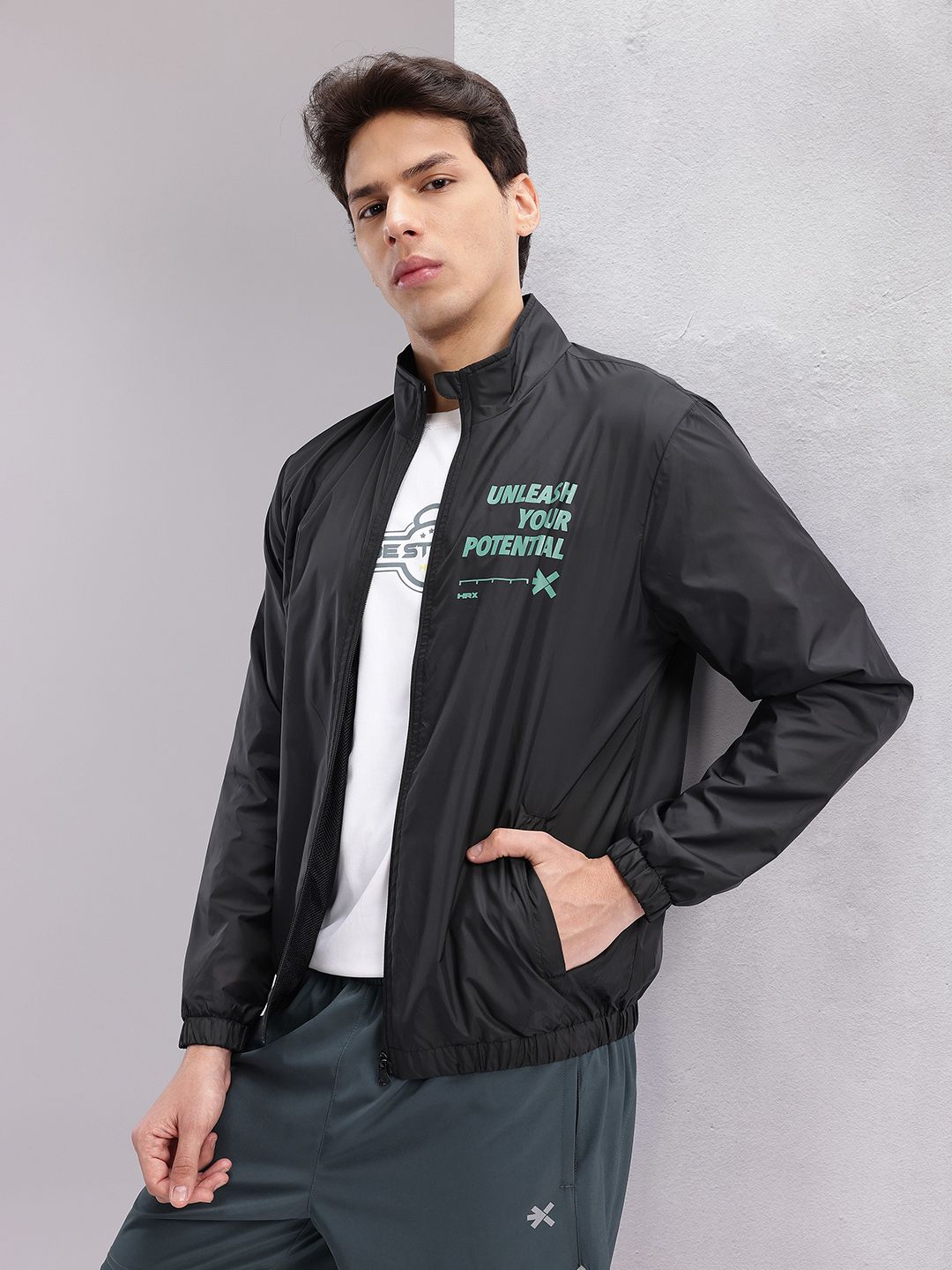 HRX by Hrithik Roshan Typography Printed Mock Collar Bomber Jacket