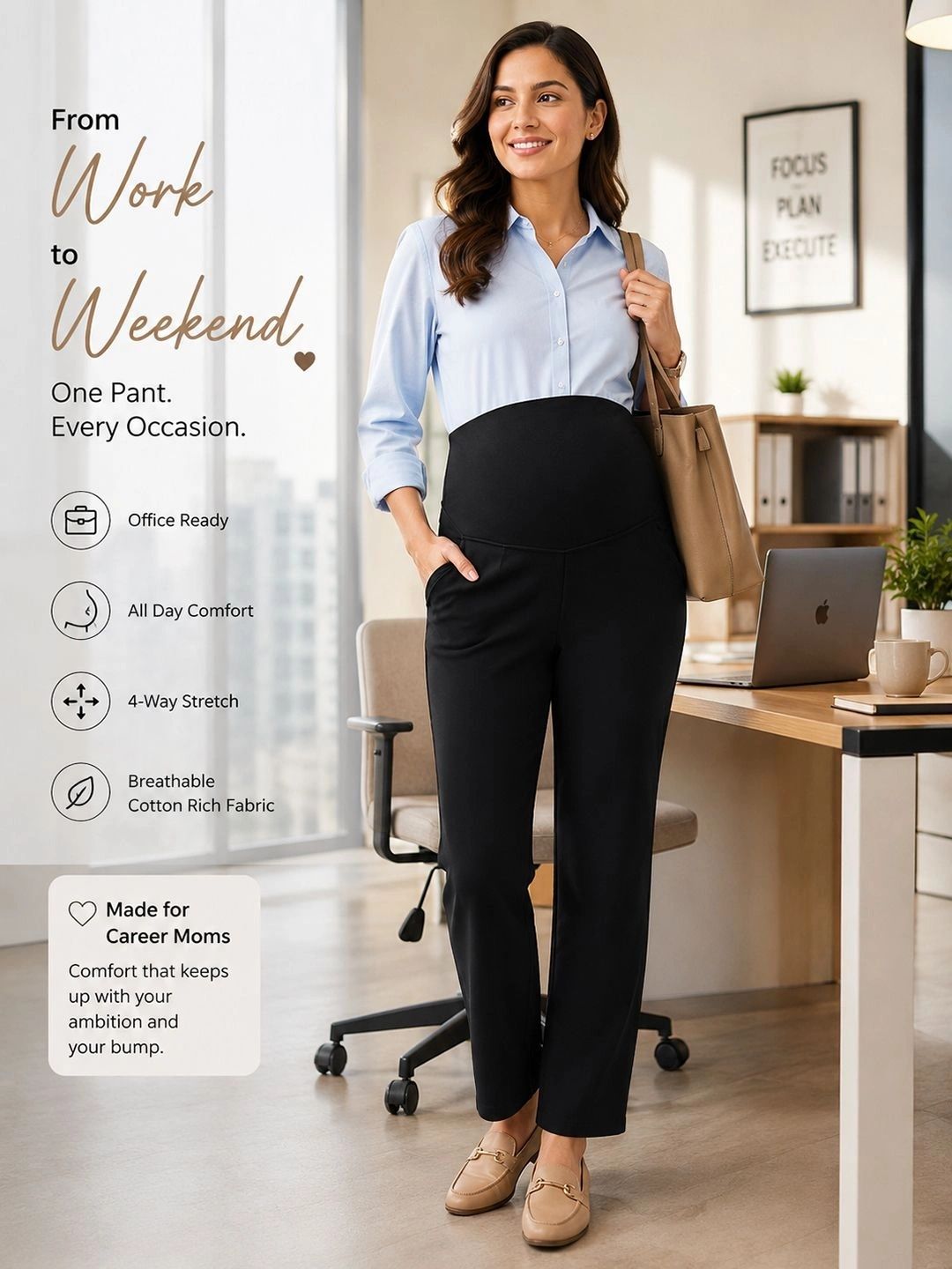 MomToBe Women Relaxed High-Rise Easy Wash Cotton Maternity Trousers